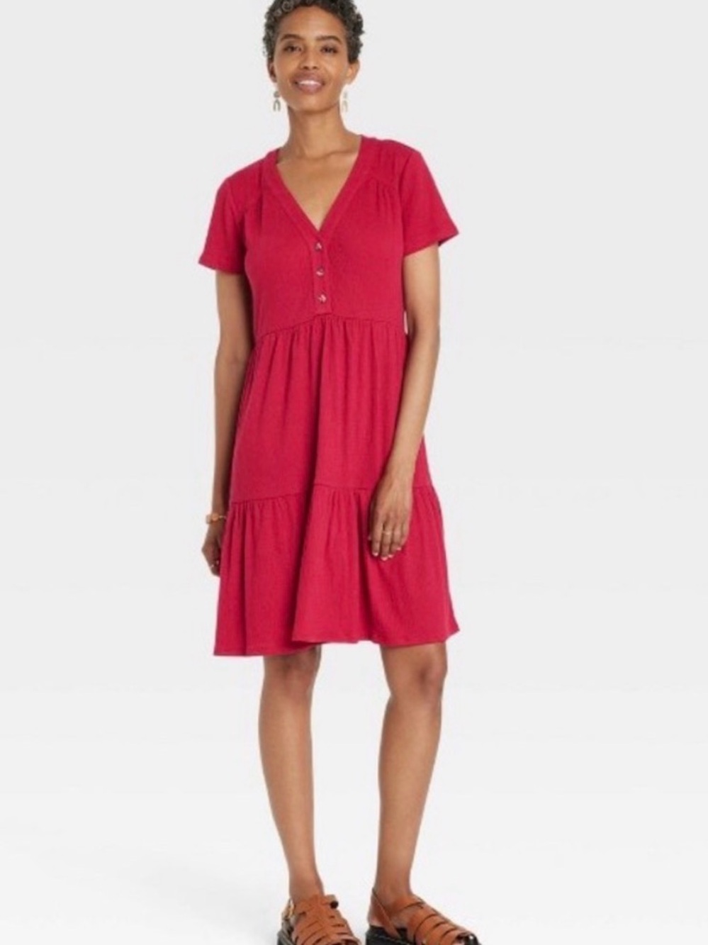 Knox Rose Red Tiered Babydoll Dress XS Short Sleeve V-Neck Boho